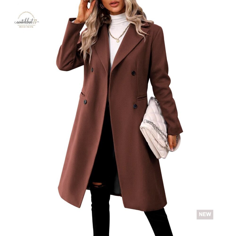 Long Double Breasted Pea Coat Slim Fit Wool Blend Winter Jacket